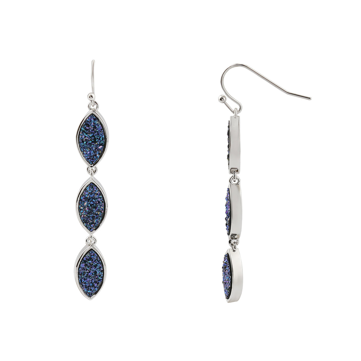 Dark Blue Resin Druzy Oval Silver Tone Drop Earrings