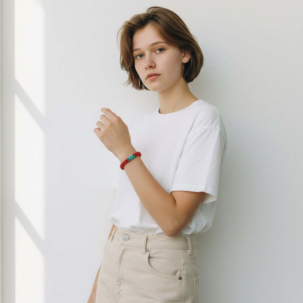 Round Red Bamboo Coral & Turquoise Stretch Bracelet