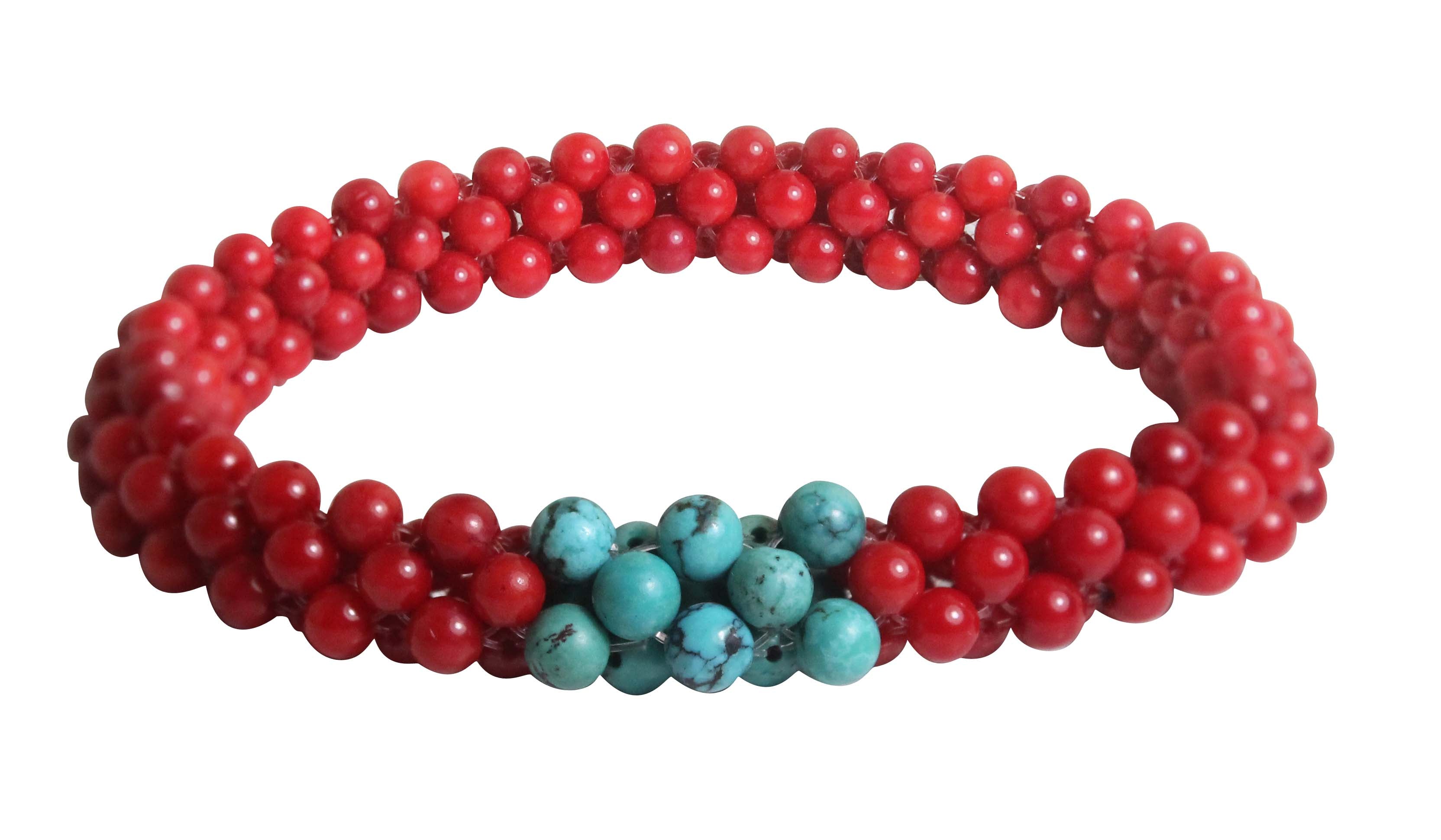 Round Red Bamboo Coral & Turquoise Stretch Bracelet