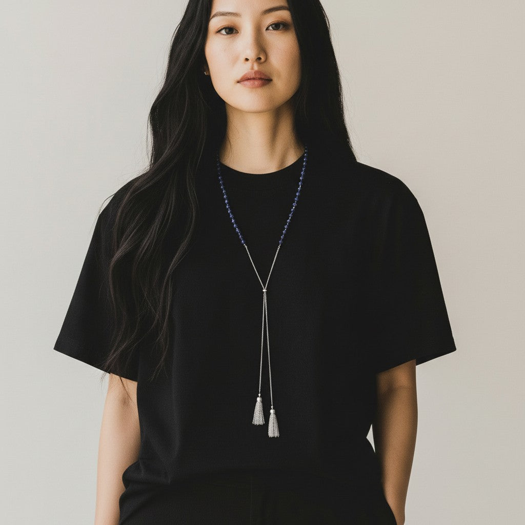 Adjustable Sterling Silver Round Lapis Necklace