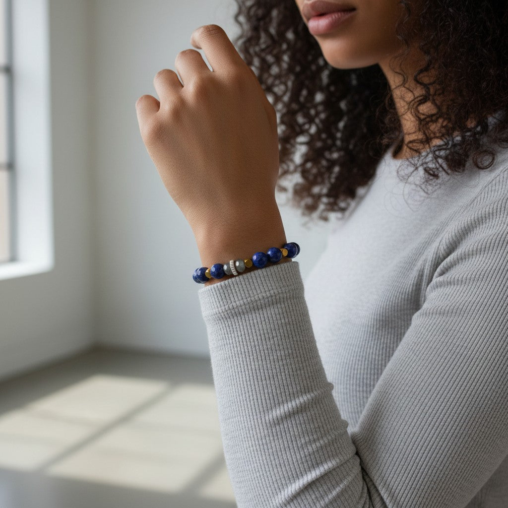 Sterling Silver Lapis, Larvikite & Hematite Stretch Bracelet