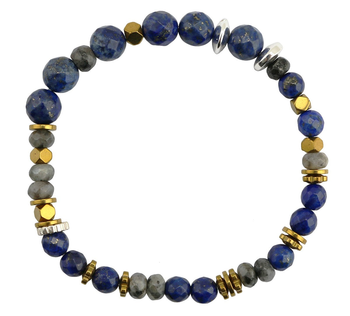 Sterling Silver Lapis, Larvikite & Hematite Stretch Bracelet