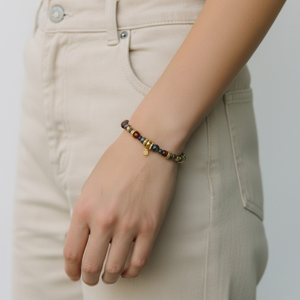 Red Tiger Eye & Black Larvikite Stretch Bracelet