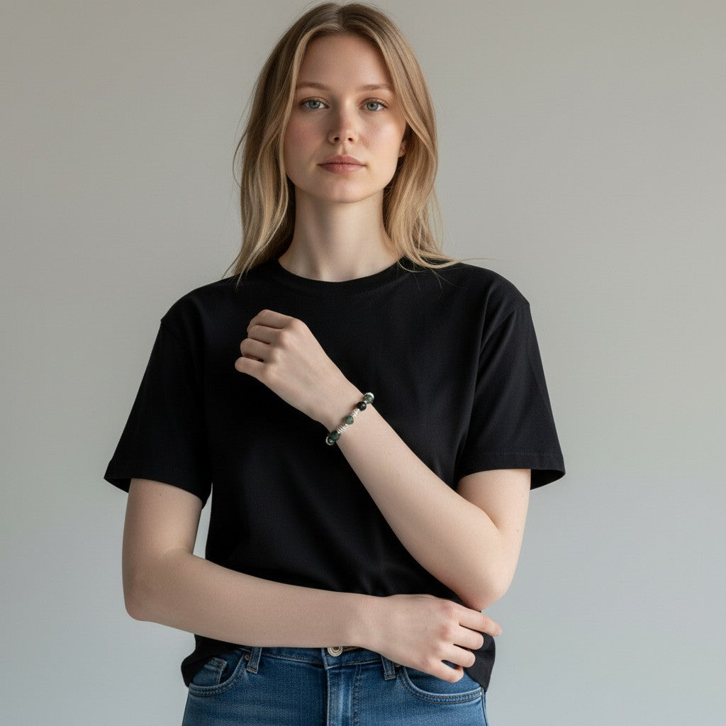 Round Faceted Moss Agate & Hematite Stretch Bracelet