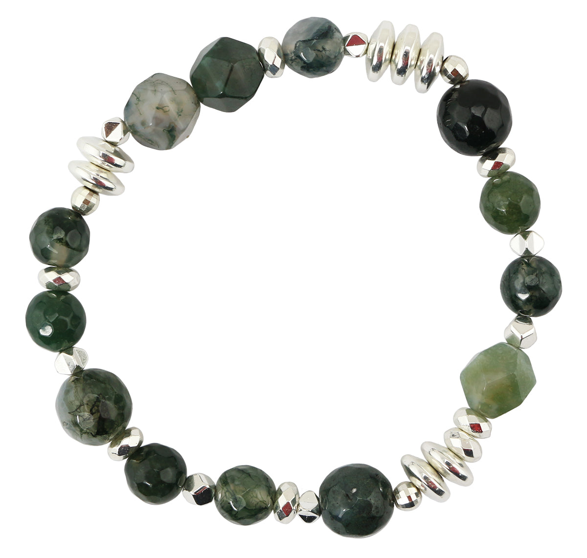 Round Faceted Moss Agate & Hematite Stretch Bracelet