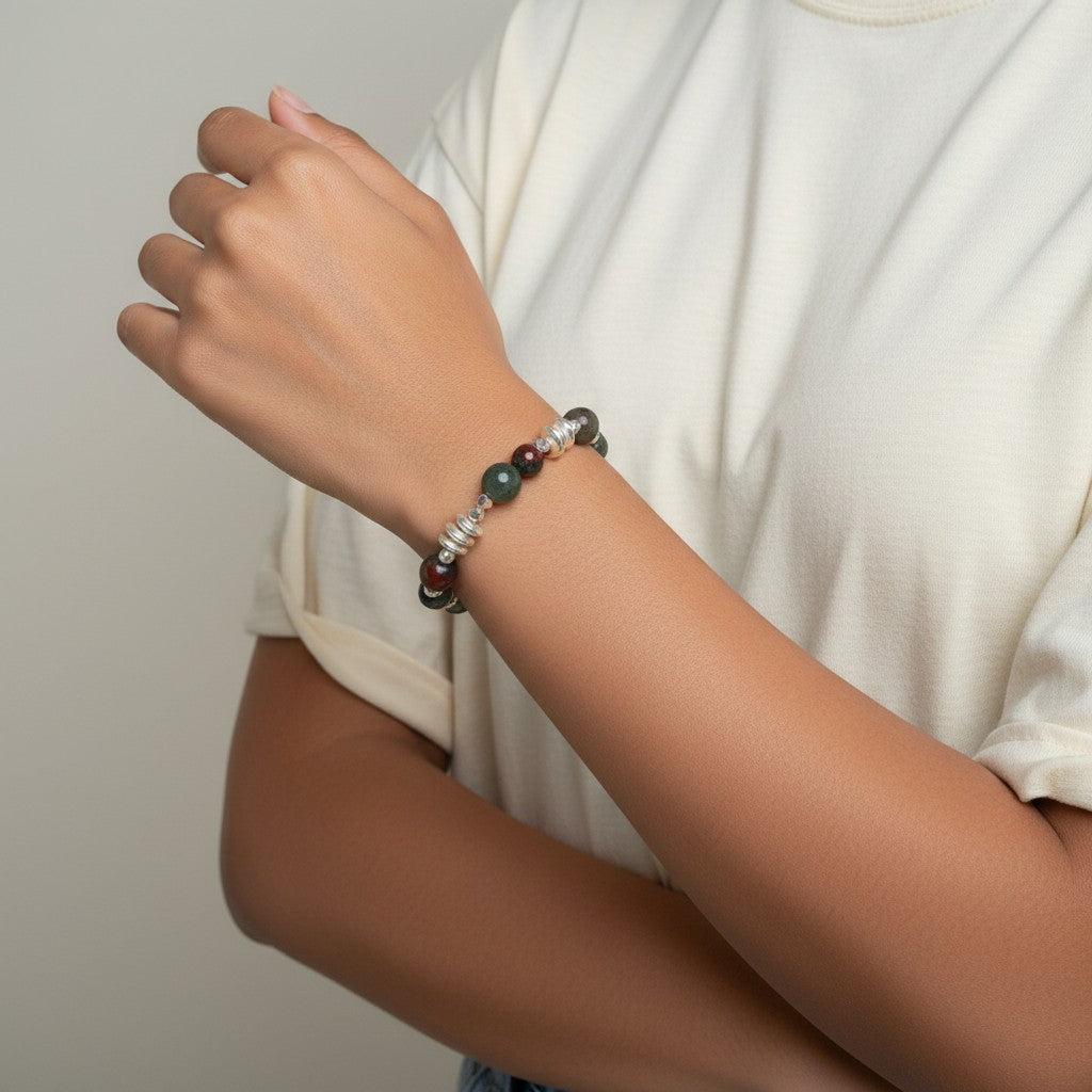 Sterling Silver Round Bloodstone & Hematite Stretch Bracelet