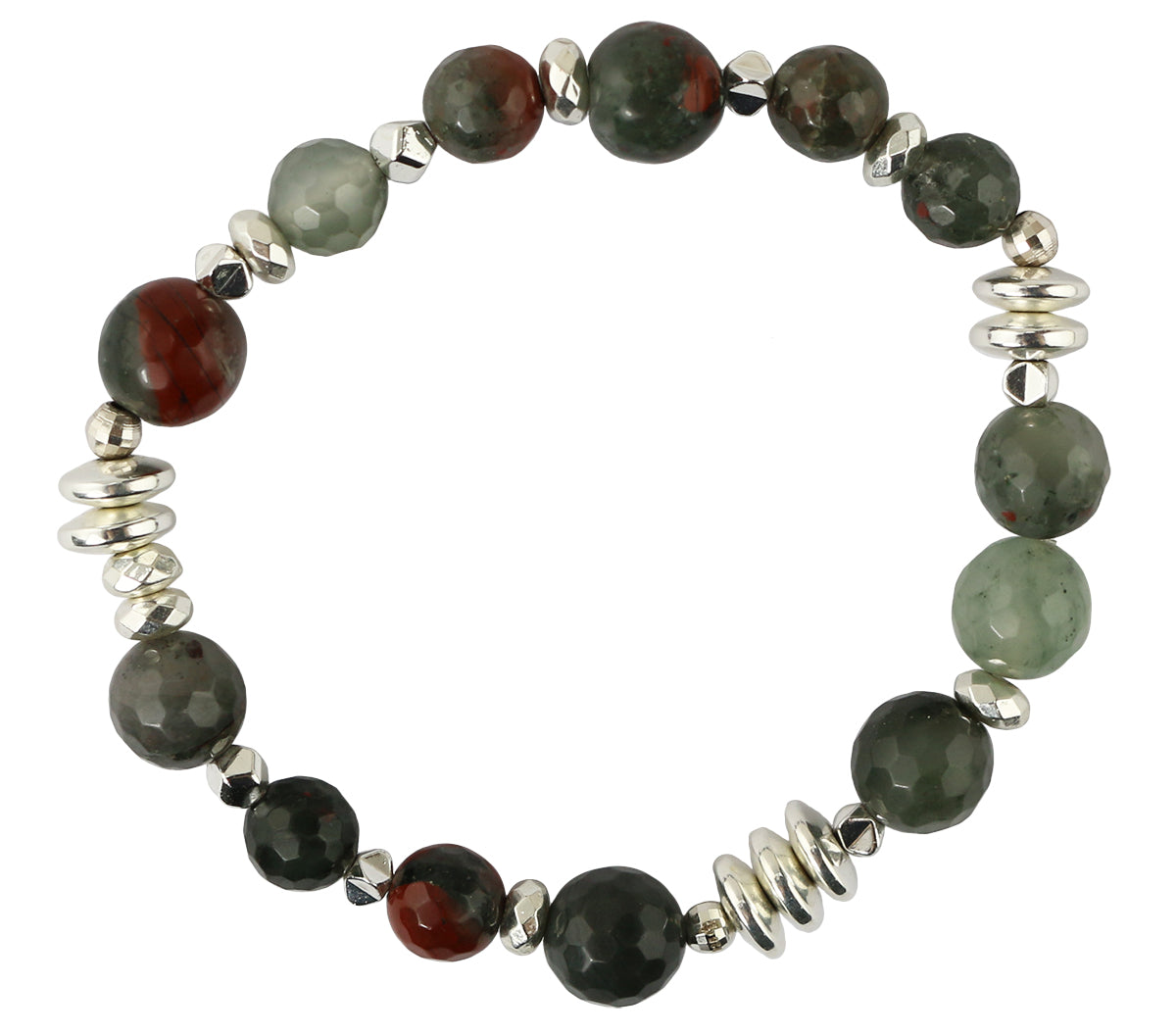 Sterling Silver Round Bloodstone & Hematite Stretch Bracelet