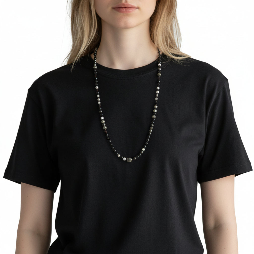 Multi-Stone Beaded Necklace – Black Agate, Pyrite, Hematite & Black Spinel