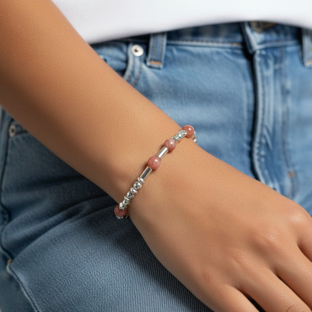 Round Rhodochrosite & Hematite Stretch Bracelet