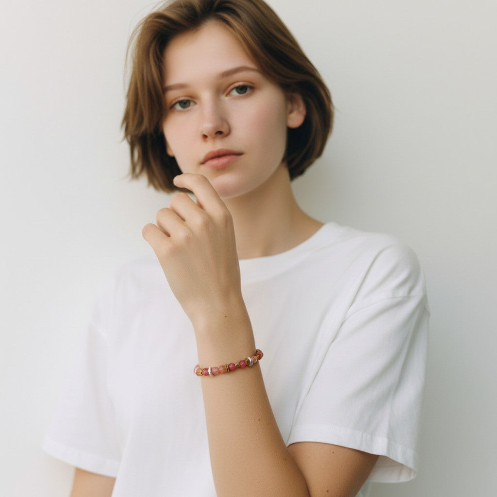 Sterling Silver Rhodochrosite & Diamond Cherry Quartzite Stretch Bracelet