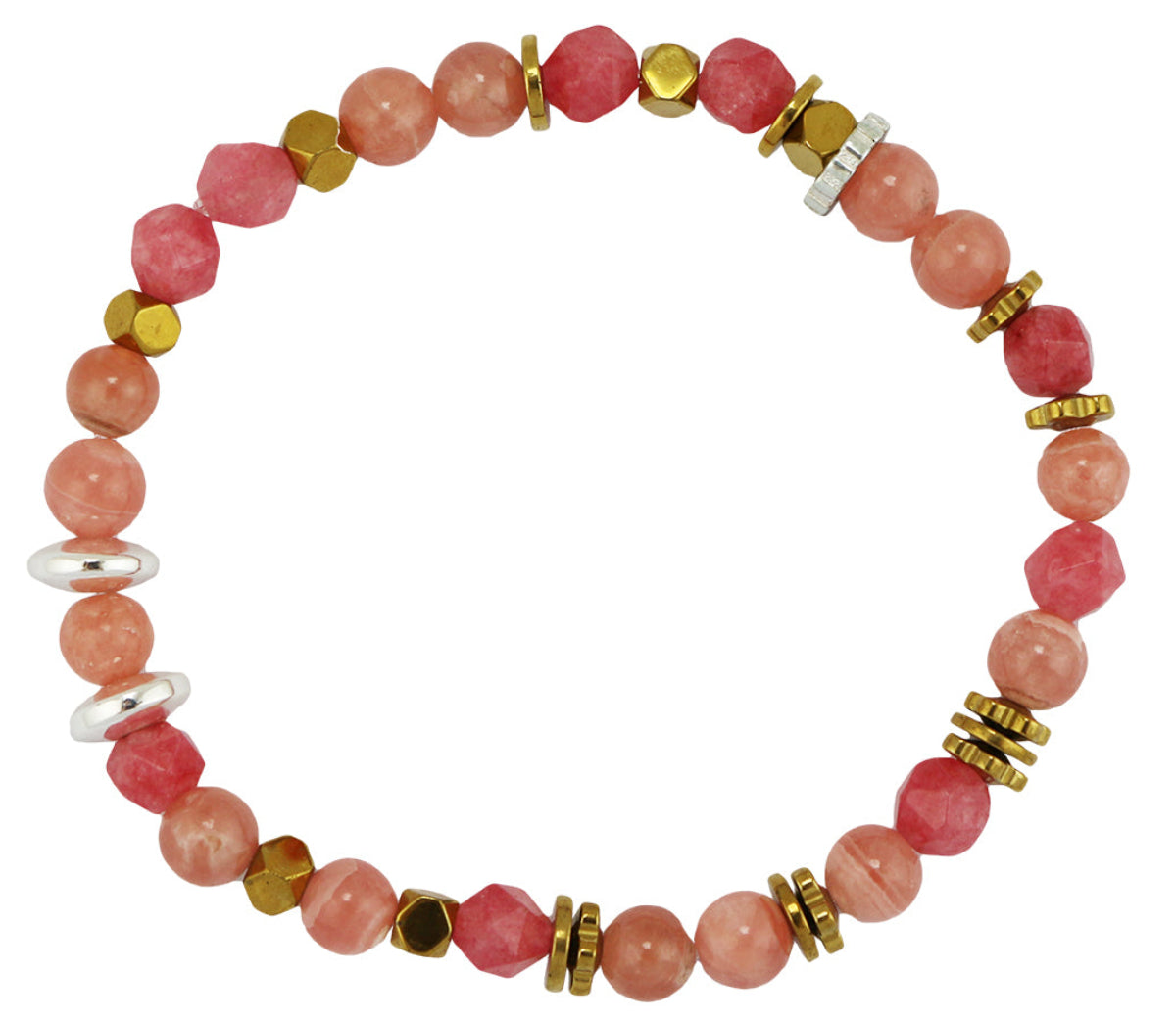 Sterling Silver Rhodochrosite & Diamond Cherry Quartzite Stretch Bracelet