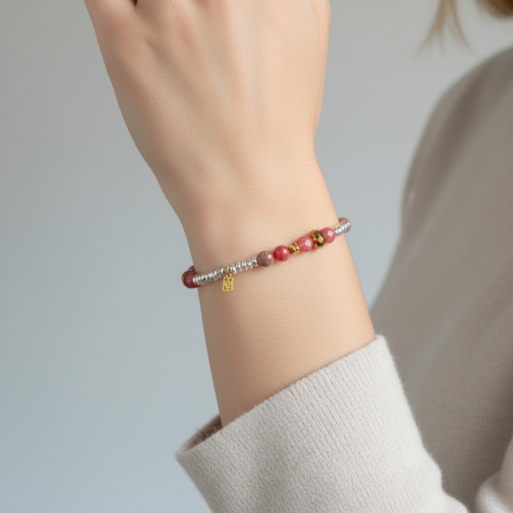 Red Coral, Cherry Quartzite, Rhodochrosite & Hematite Stretch Bracelet