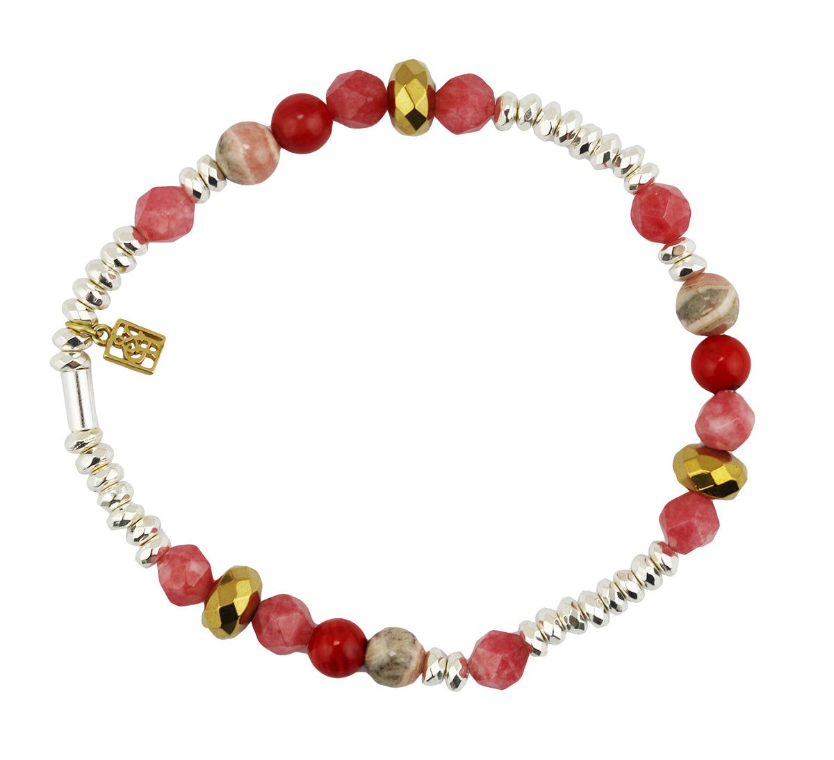 Red Coral, Cherry Quartzite, Rhodochrosite & Hematite Stretch Bracelet