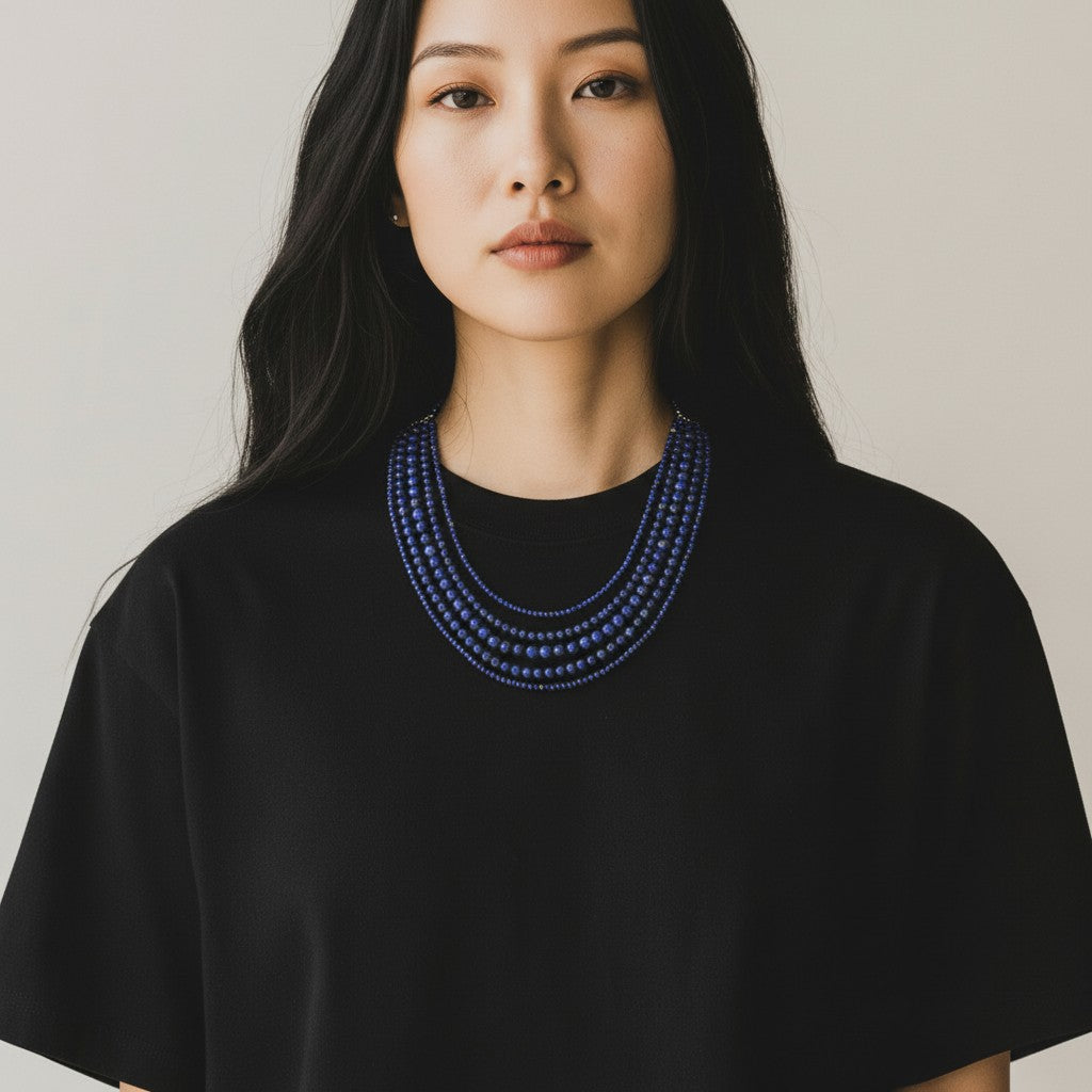 Sterling Silver 5-Strand Round Lapis Layered Necklace