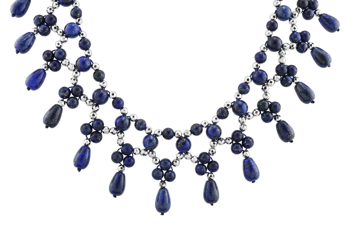 Sterling Silver Lapis Beaded & Hematite Necklace