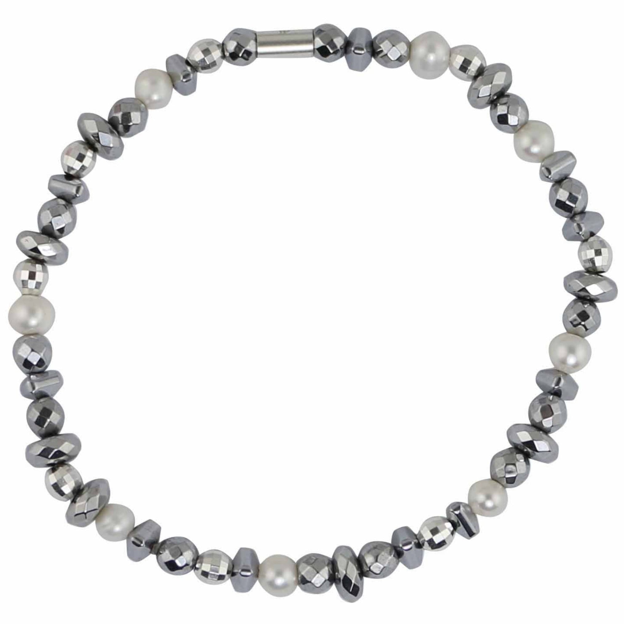 Sterling Silver Round & Flat Hematite With White Shell Pearl Stretch Bracelet