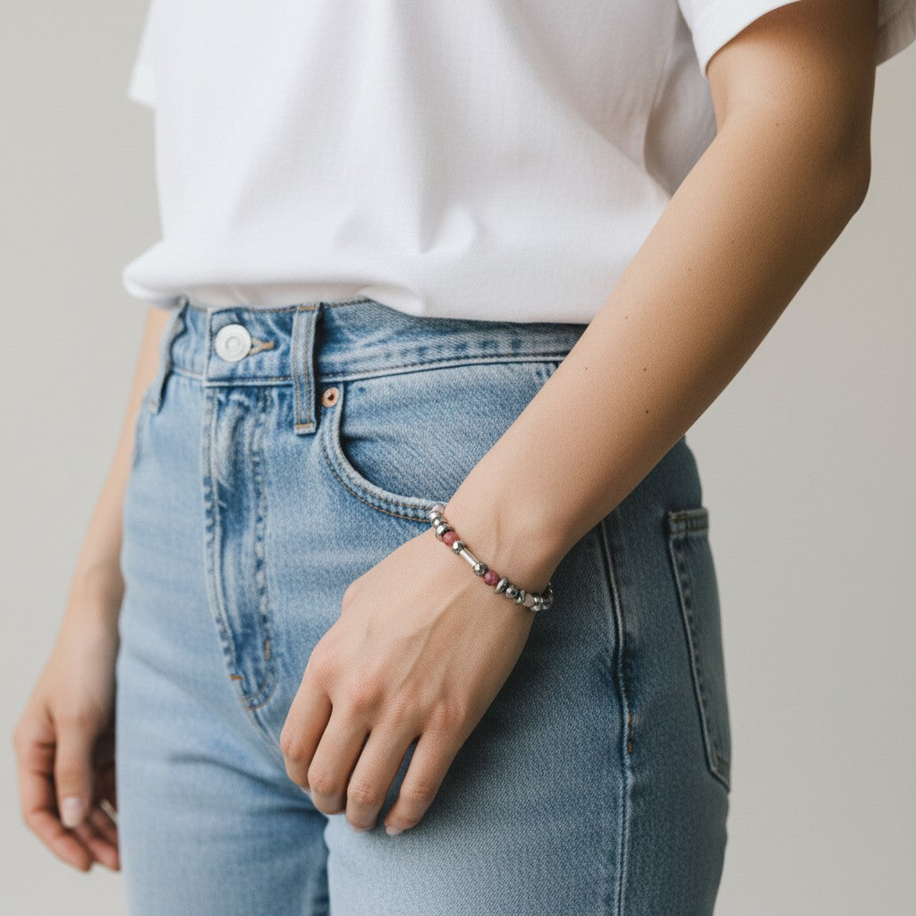 Sterling Silver Rose Quartz, Rhodonite & Hematite Stretch Bracelet