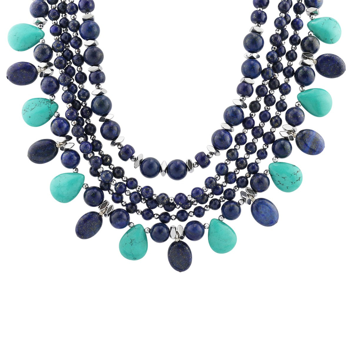 Round Lapis, Blue Magnesite & Hematite Sterling Silver Necklace