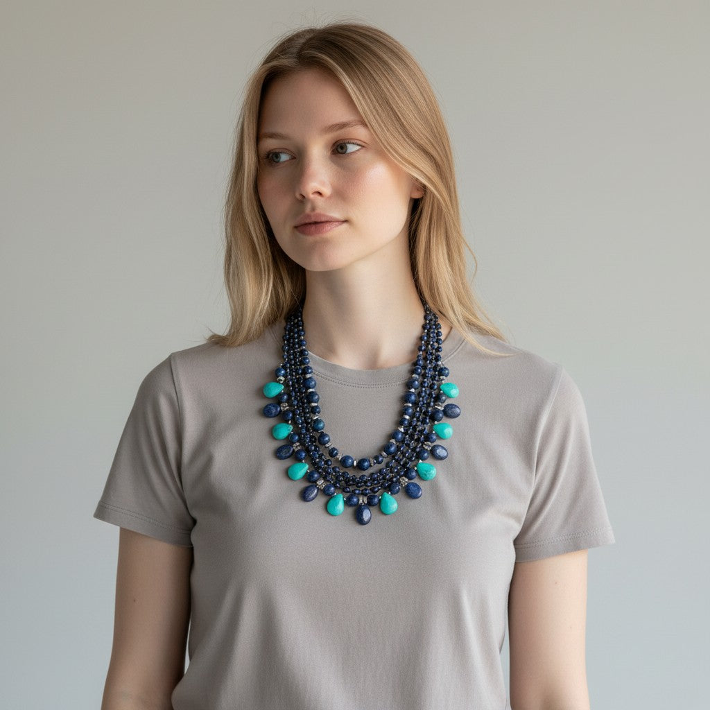 Round Lapis, Blue Magnesite & Hematite Sterling Silver Necklace