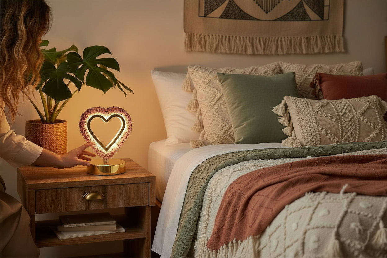 Crystal Gemstone Heart Lamp – Gold Base with 3-Mode Ambient Light